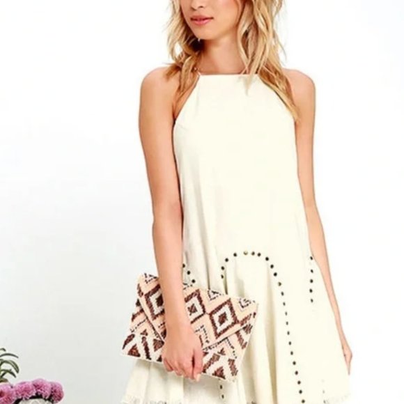 Moon River Dresses & Skirts - Anthropologie Moon River Cream Fringe Linen Mini Dress with Gold Studs, Size XS
